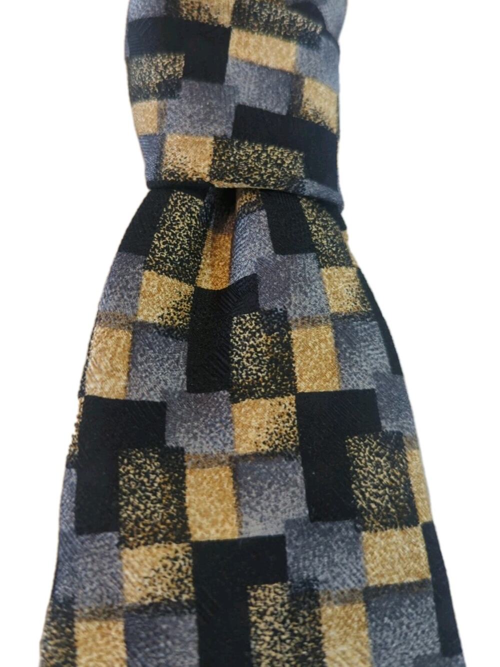 BOLGHERI Woven Geo Design of Dark Blue, Gray, Gold 100% Silk Tie 57" X‎ 3.5"